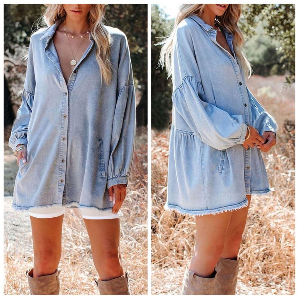 Fate oversized denim button down flowy tunic shirt with distressed hem sz XL
